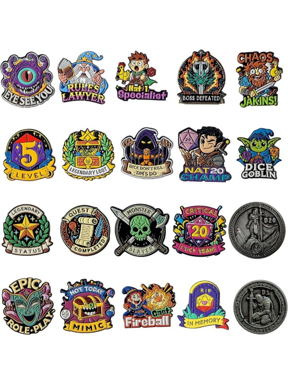 Fantasy RPG Enamel Pin Set - D&D 5E Badges for Dungeon Masters & Players, D20